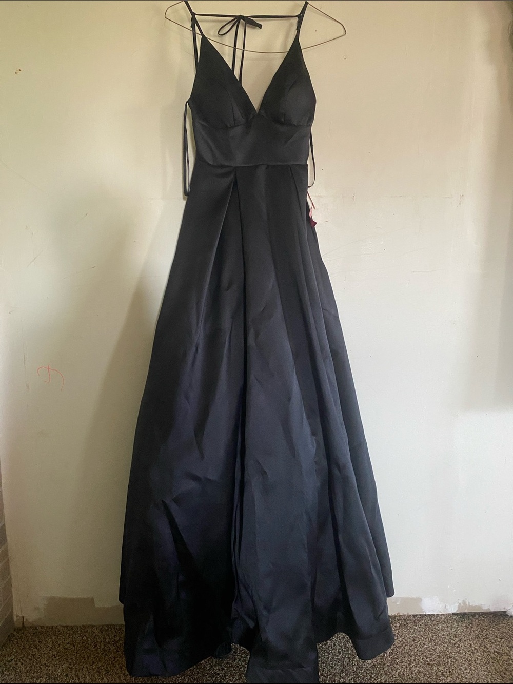 B Darlin Black Satin V-Neck Prom Gown with Spaghetti Straps